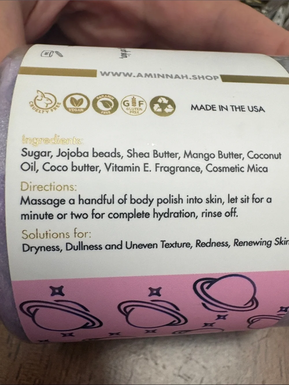 Aminnah Galaxy Sugar Polish – Iridescent Lavender Body Scrub. New